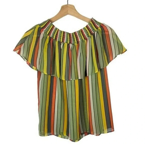 Cabi Maravilla Carnival Rainbow Stripe Off Shoulder Short Sleeve Blouse #5389 S - Picture 3 of 6